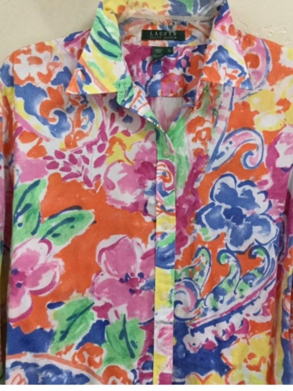 Lauren Ralph Lauren Women XL Floral Shirt Blouse Top Cotton Green Blue Orange - Picture 2 of 8